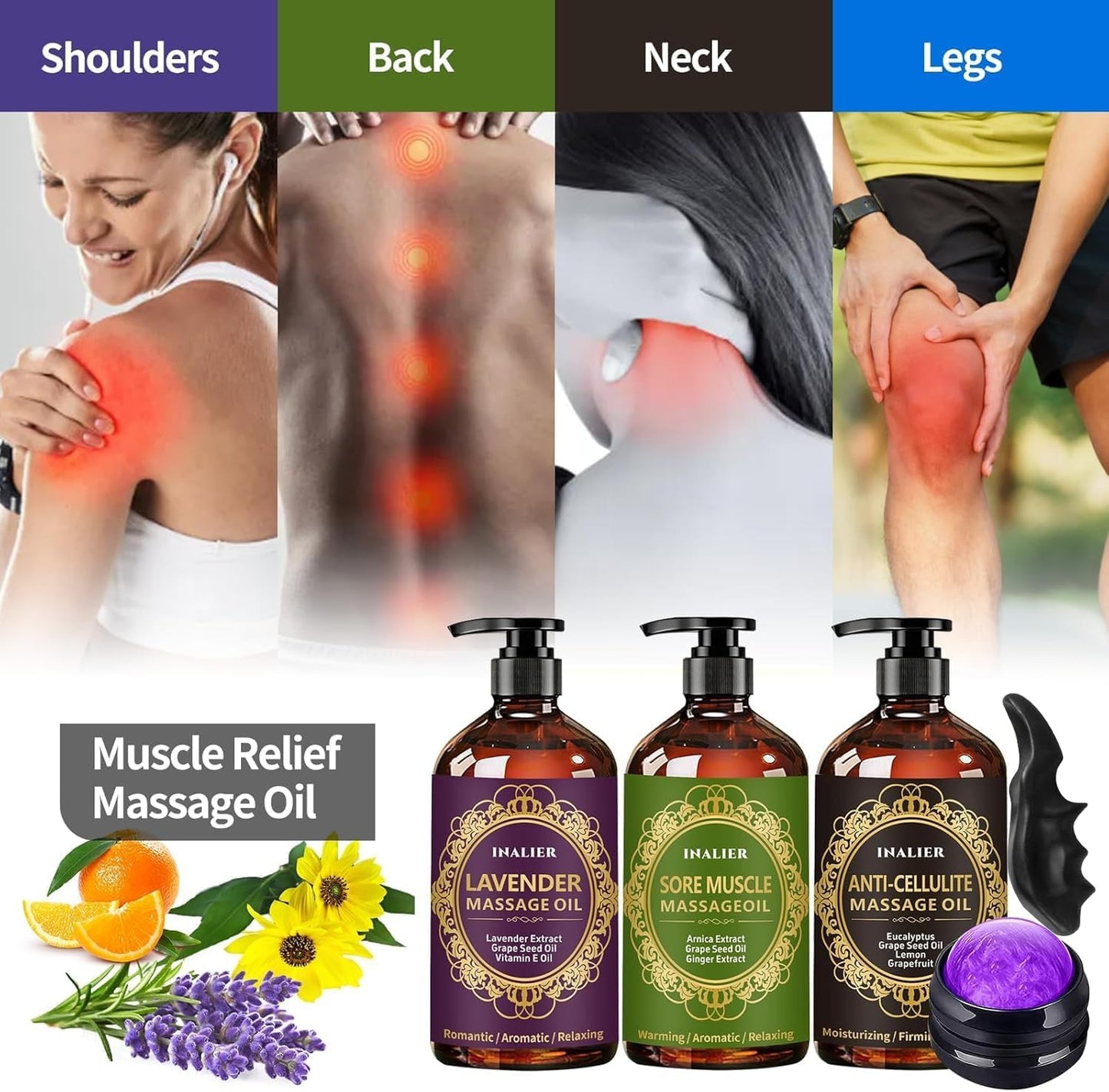 Fathers Day Gift,Gifts for Men,Massage Oil for Massage Therapy,3 Pack Cellulite Massage Oil,Sore Muscle Arnica Oil & Lavender Massage Body Oil with Massage Ball & Thumb Saver Tool,Gifts for Women