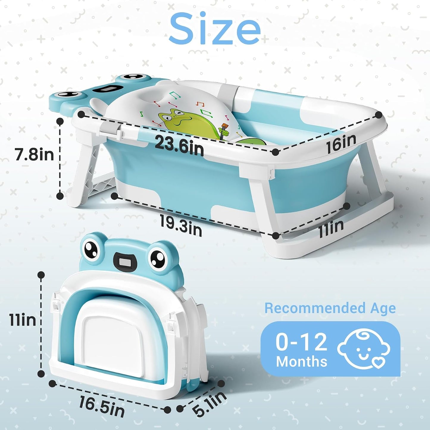BUNWAG Baby Bathtub, Collapsible Newborn Bathtub for Infant to Toddler with Soft Cushion and Thermometer,Portable Travel Newborn Tub with No-Slip Feet, Baby Shower Gifts, 0-12 Months Baby Bath, Blue
