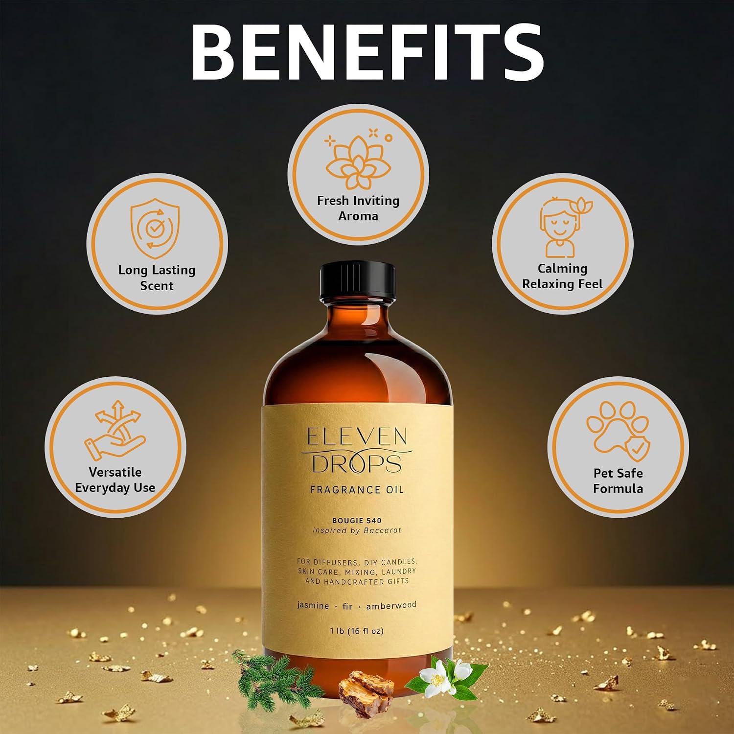 Bougie 540 Fragrance Oil | Jasmine, Fir & Amberwood Notes | Long Lasting Scent Reed Diffuser Oil for Home, Office, Hotel, Spa, Car & Linen Spray | Pet Friendly IFRA Compliant, 16 oz