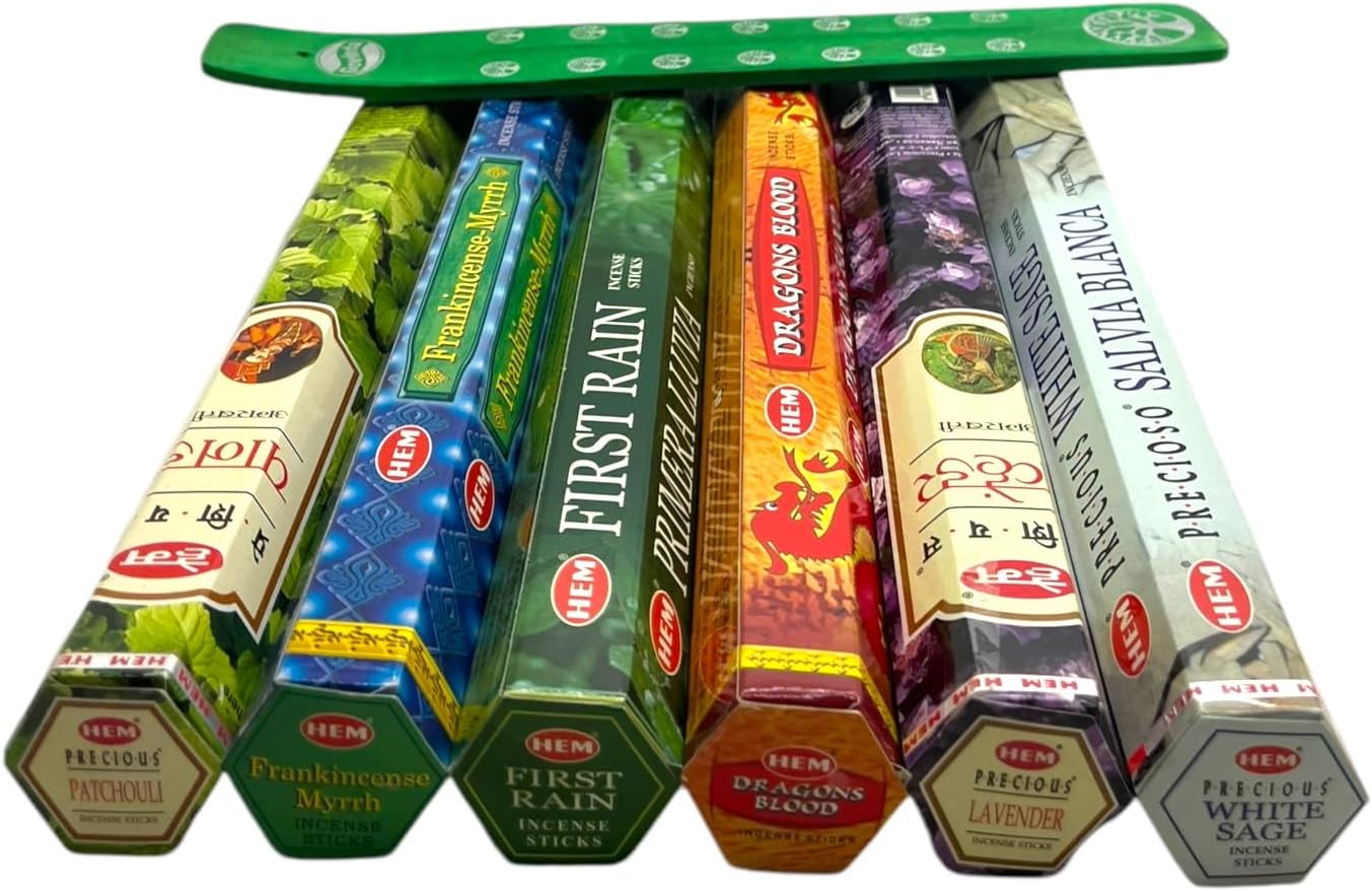 Hem Incense Sticks Variety Pack #1-120 Insence-Sticks (6 Incents x 20 Insense) + Incense Stick Holder Bundle with 6 Top Scents Including Lavender Patchouli Dragons Blood White Sage