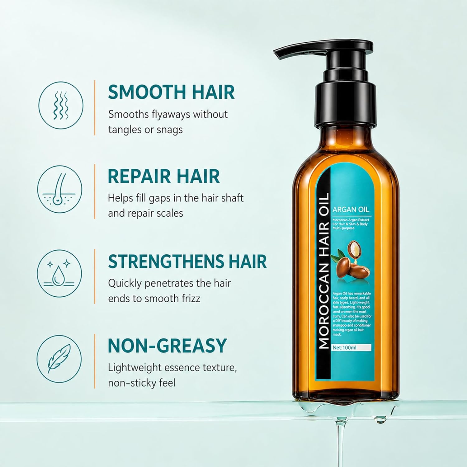 Moroccan Argan Oil, Hair Oil for Frizzy Hair, Morroccan Hair Care Oil Natural Serum Help Split Ends Dry Scalp Hair Care Products Strengthen Dry Damaged Curly Long Curly Hair Treatment Heat Protectant