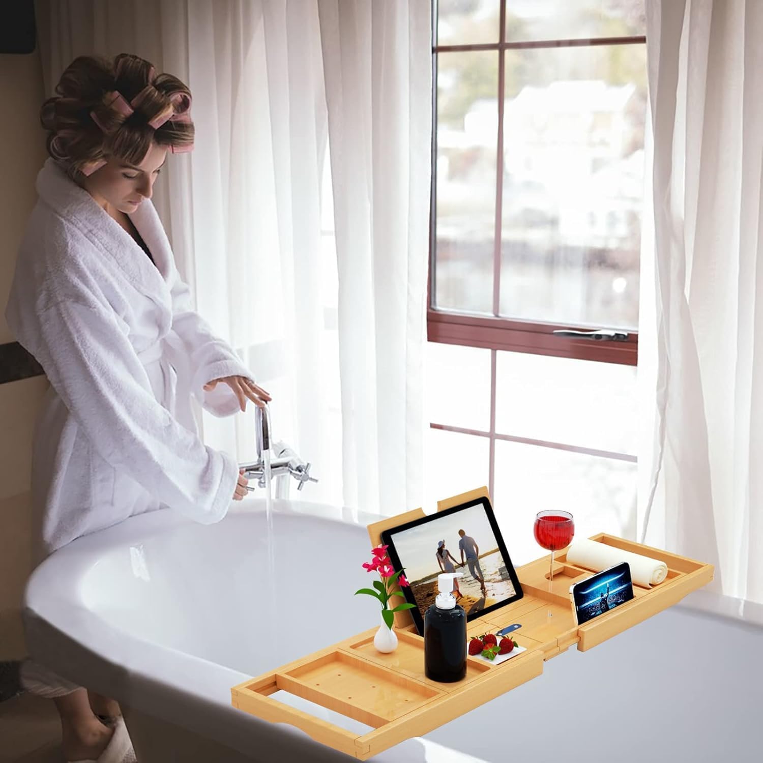 Premium Bathtub Tray Caddy - Bath Tray Bamboo Expandable - Bath Tub Tray Table for Bathtub - Expandable Size, Fits Most Bath Tubs - Natural Bamboo Wood