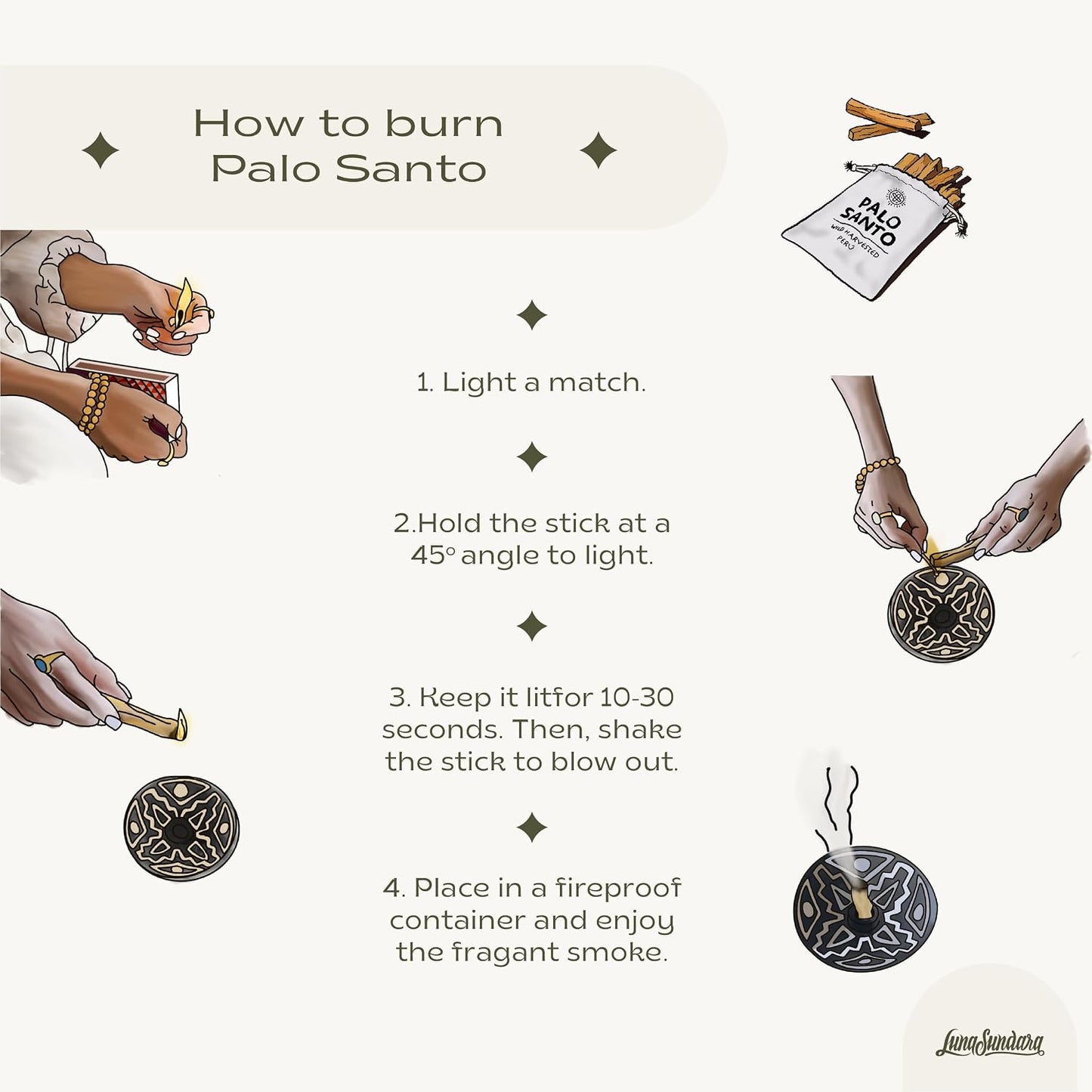 Palo Santo Holder with 5 Sticks - Luna Sundara Handmade Ceramic Incense Burner - Black & White Maze Chulucanas Pottery from Peru - Smudge Bowl for Sage - Aromatherapy Gift Set