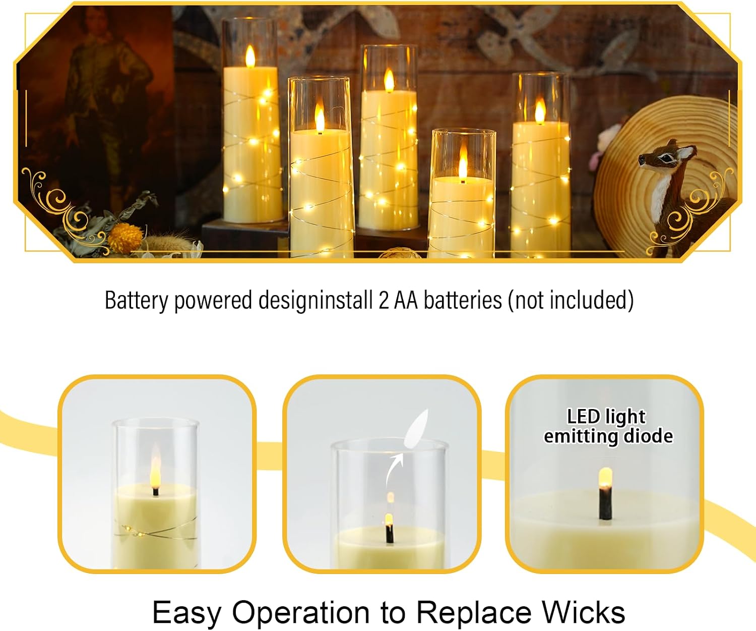 Eebuss Flameless Candles with Embedded Star String, Battery Operated LED Pillar Candles with Timer and Remote Control,Home Decorating for Ambiance， Set of 7(Ivory)