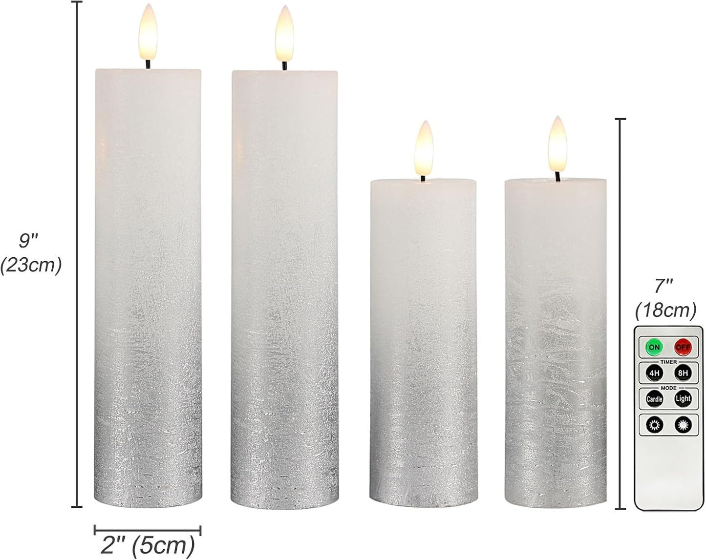 Fanna Set of 4 Skinny Silver Battery Operated Flameless LED Candles Textured Wax Finish, Batteries & Remote Included - Dia.2 inches