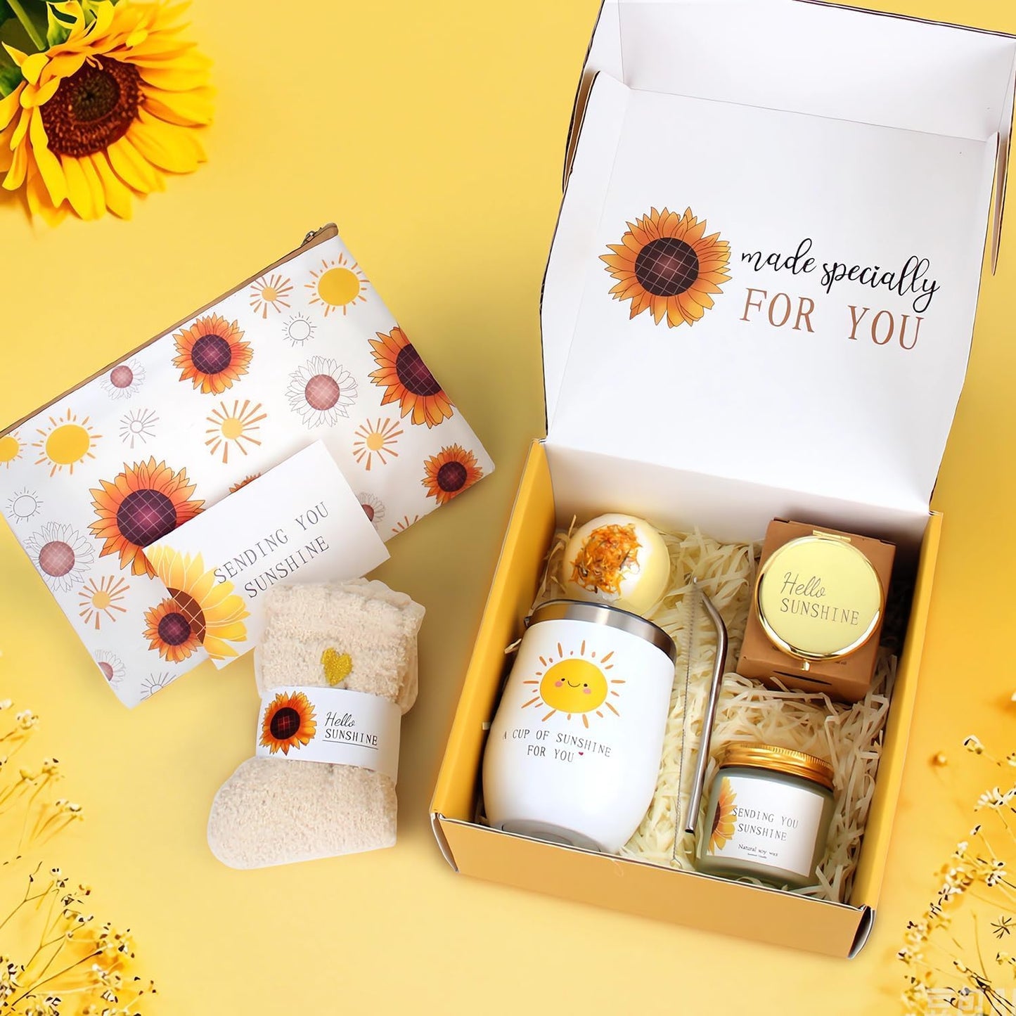 Spa Gift Baskets for Women, Father's Day for Dad Gifts, ZNCRSISTY Sunflower Self Care Gift Basket, 8Pcs Relaxing Self Care Kit, Birthday Gifts for Men Women, Friends, Sister & Teenage Girls