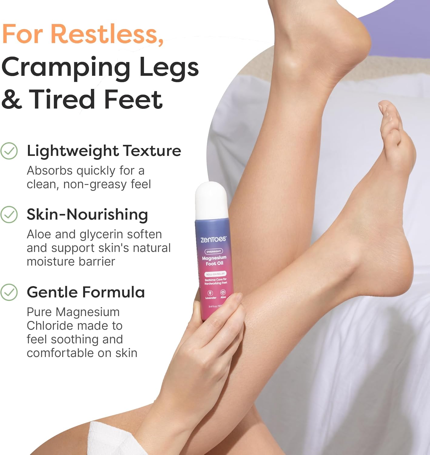 ZenToes Magnesium Oil for Feet | Targeted Tension Relief Roller Ball for Restless Legs & Feet | Magnesium Spray Alternative for Restful Sleep | Lavender & Mint Scent | 3.4oz