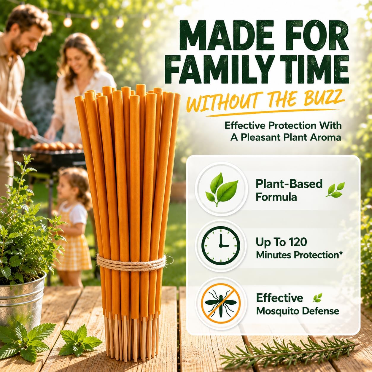 Extra Large Mosquito Repellent Sticks, 24 Pack Portable Extra Thick Citronella Incense Sticks, DEET Free, Plant Based Ingredients, Up to 120 Minute Burn Time, Outdoor Bug Repellent for Patio & Camping