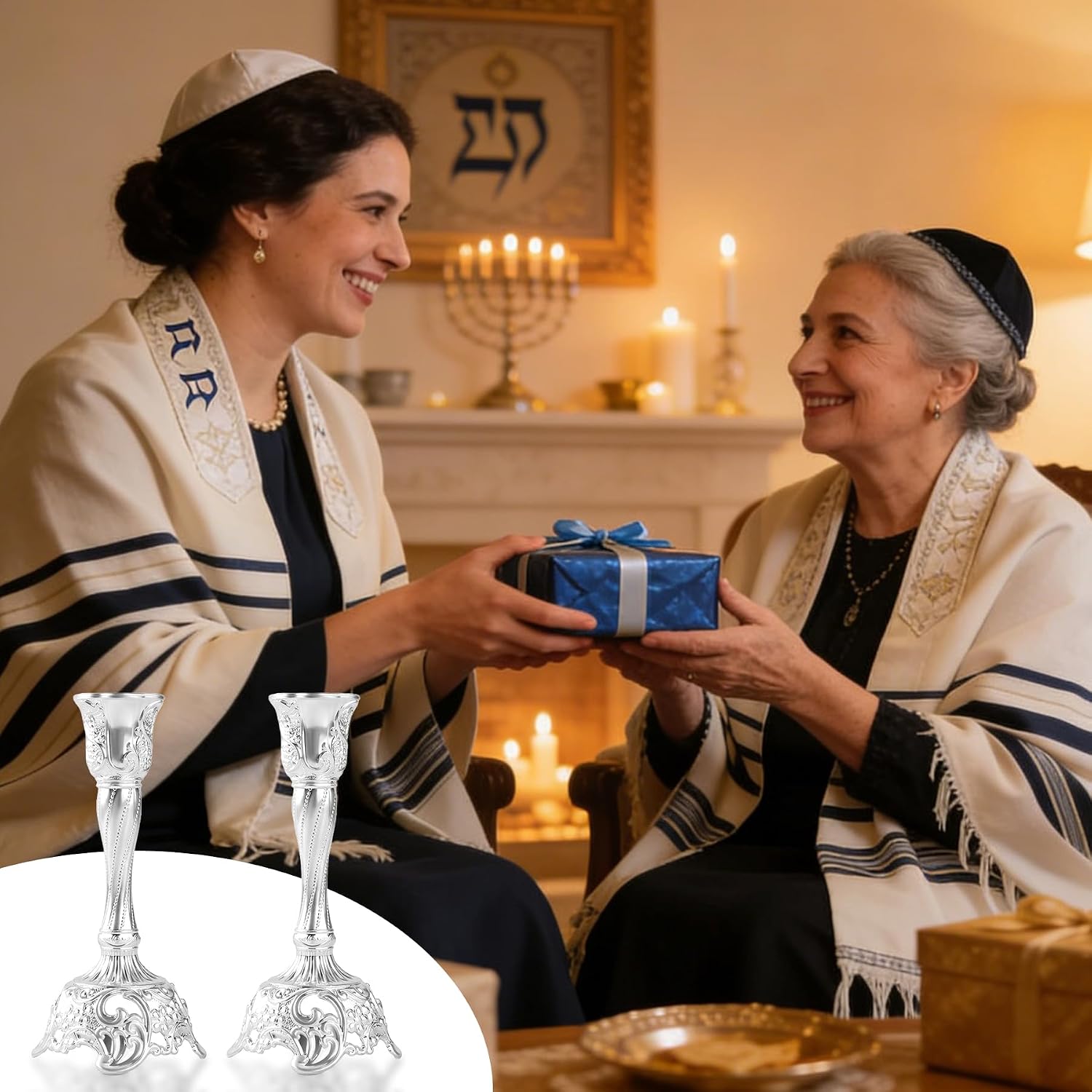 Shabbat Candles Holders Set of 2 - Silver Plated Shabbat Candlesticks, Vintage Silver Jewish Holder for Shabbos Candles, Havdalah Gifts for Holiday (Silver)