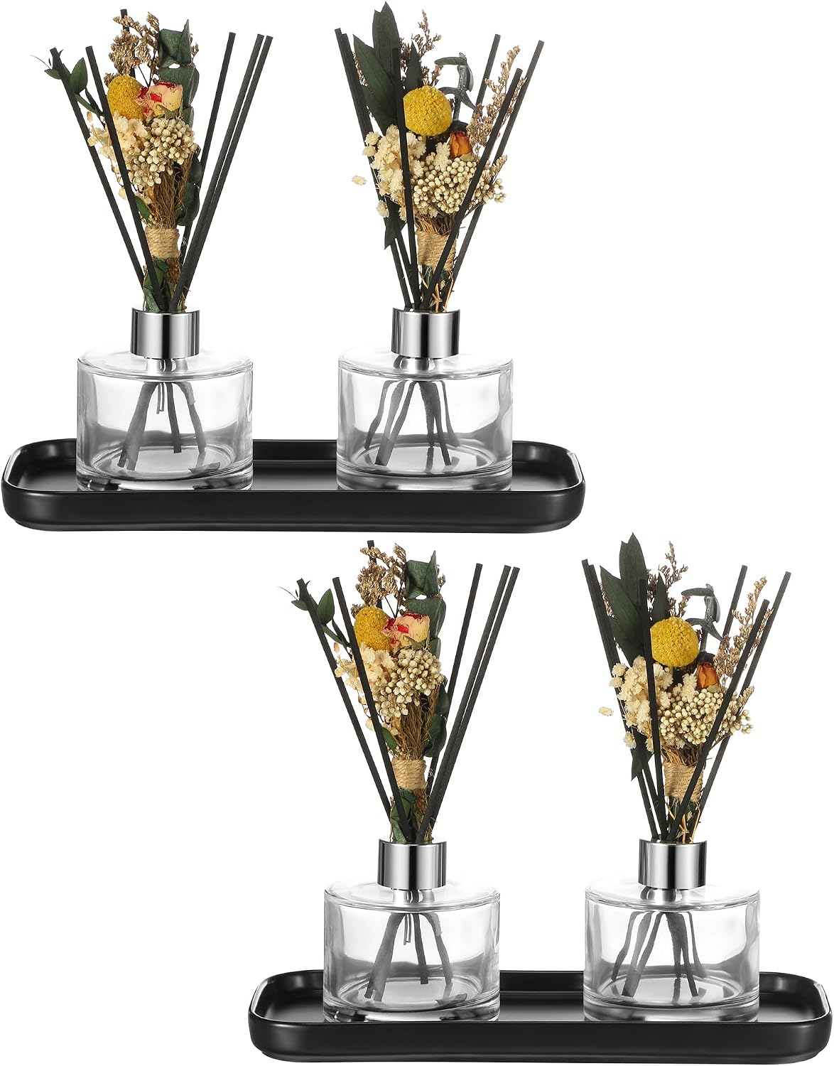 Rtteri 4 Pcs Refillable Diffuser Bottles with 40 Pcs Reeds Sticks 5 oz Empty Fragrance Glass Diffuser Bottles with Lids Baby's Breath Decor Black Ceramic Tray for Home Bathroom Office Men Women Gift