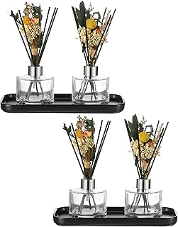 Rtteri 4 Pcs Refillable Diffuser Bottles with 40 Pcs Reeds Sticks 5 oz Empty Fragrance Glass Diffuser Bottles with Lids Baby's Breath Decor Black Ceramic Tray for Home Bathroom Office Men Women Gift