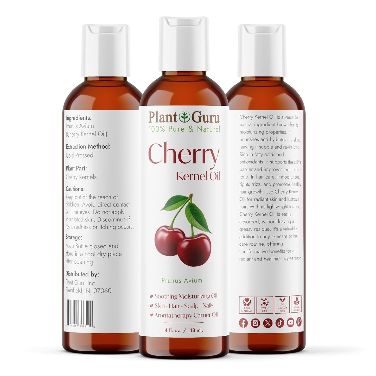 Plant Guru Cherry Kernel Oil 4 fl. oz. Cold Pressed 100% Pure & Natural Carrier – Skin, Face, Body & Hair Growth Moisturizer. Great for DIY Creams, Lotions, and Lip Balms.