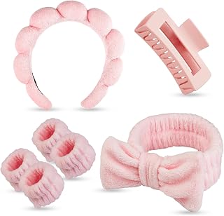 7 Pcs Spa Set, Facial Headband and Wristband Set, Skincare Accessories, College Style Girl Idea Gifts, Hair Accessories for Women and Girls (Pink)