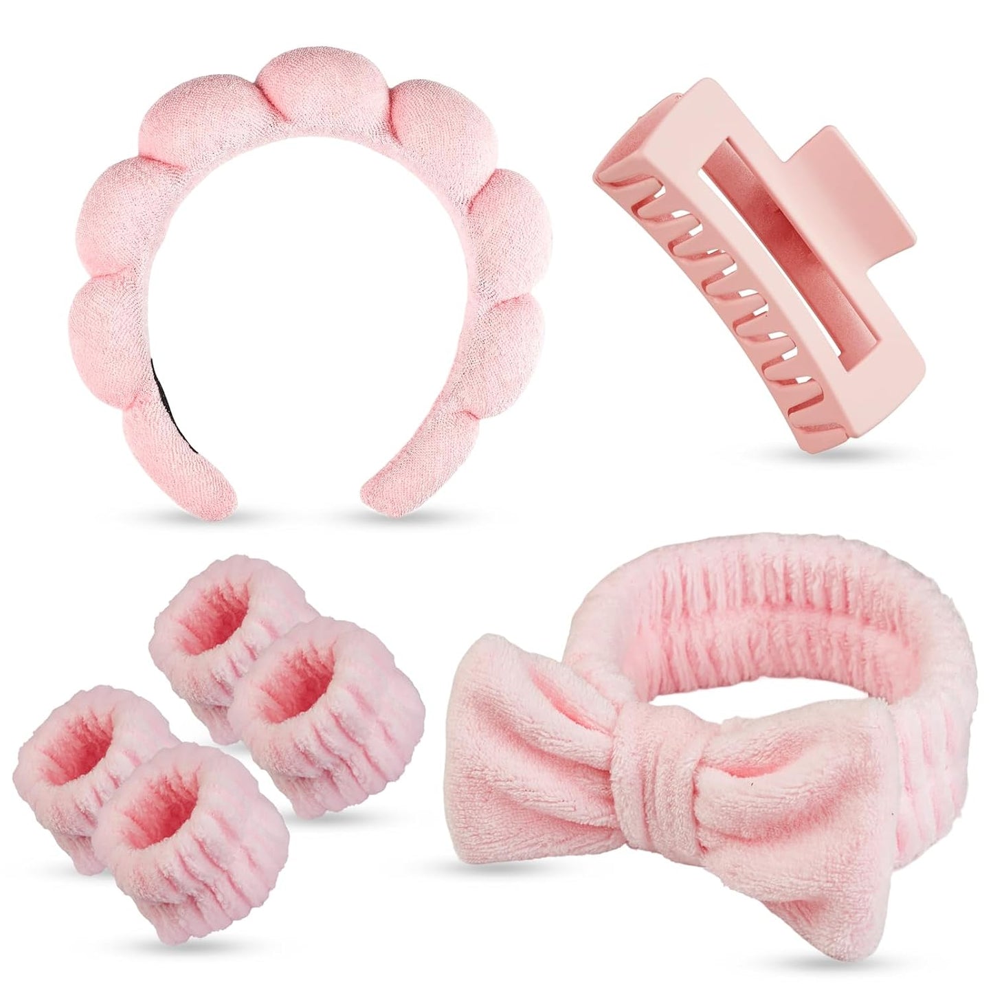 7 Pcs Spa Set, Facial Headband and Wristband Set, Skincare Accessories, College Style Girl Idea Gifts, Hair Accessories for Women and Girls (Pink)