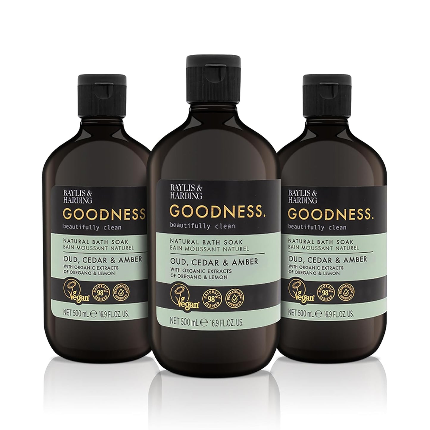 Baylis & Harding Goodness Oud, Cedar & Amber Natural Bubble Bath 16.9 fl. oz (Pack of 3) - Biodegradable Formula - Vegan Friendly
