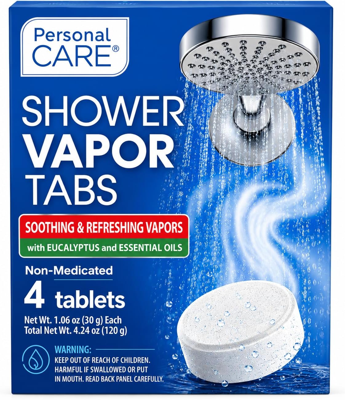 Personal Care Shower Vapor Tabs with Eucalyptus, 4 Tablets | Soothing & Refreshing, Essential Oils, Non-Medicated, Aromatherapy, Home Spa Experience