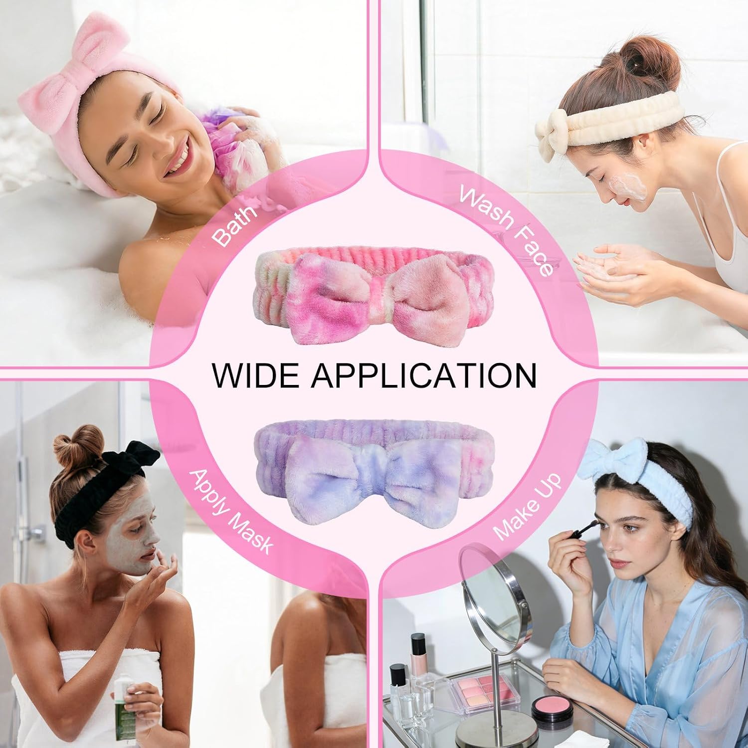 Headband for Washing Face, Spa Makeup Skincare Headbands for Women, 2pcs Bowknot Hair Bands (Black+Pink)