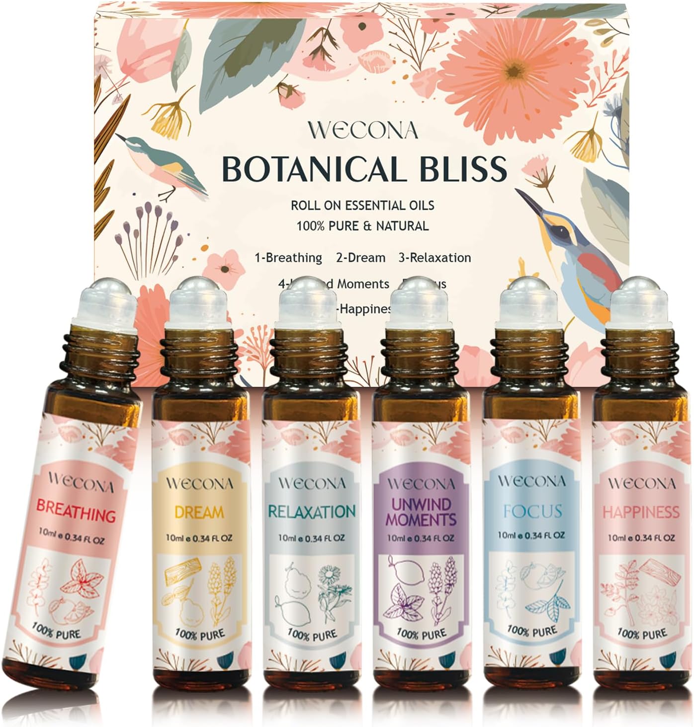 Wecona Aromatherapy Essential Oil Roll-On Set – 6x10ml Essential Oil Blends with Roller Bottles, Portable Essential Oils for Diffusers for Home,Relaxing Gift for Women & Men