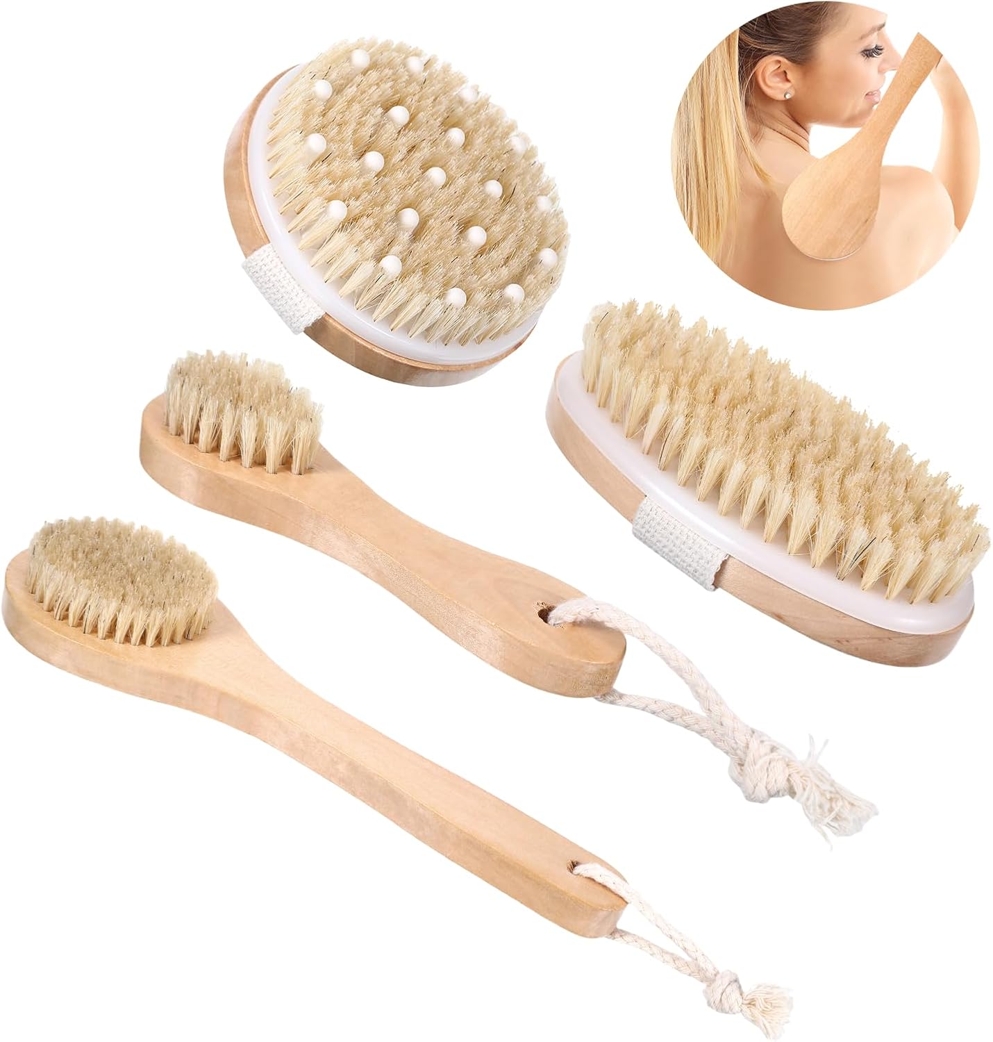 4PCS Dry Brushing Body Brush Set, Bamboo Dry Brush for Exfoliating Body Face, Boar Bristle Face Cleansing Shower Back Scrubber Brushes