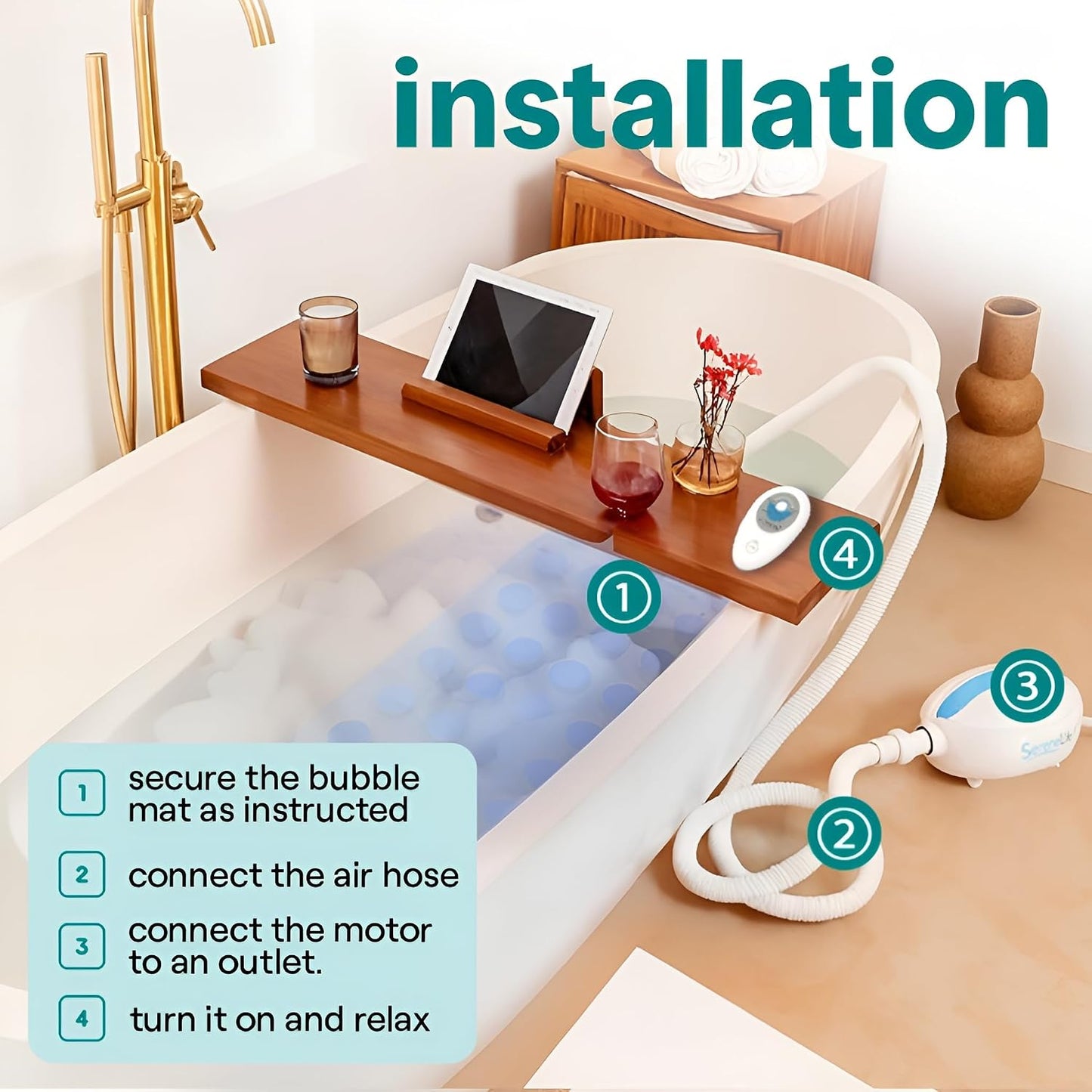 SereneLife Portable Spa Bubble Bath Massager - Waterproof Non-Slip Mat with Suction Cup Bottom, Motorized Air Pump and Adjustable Bubble Settings, Remote Control Included, 47" x 14"
