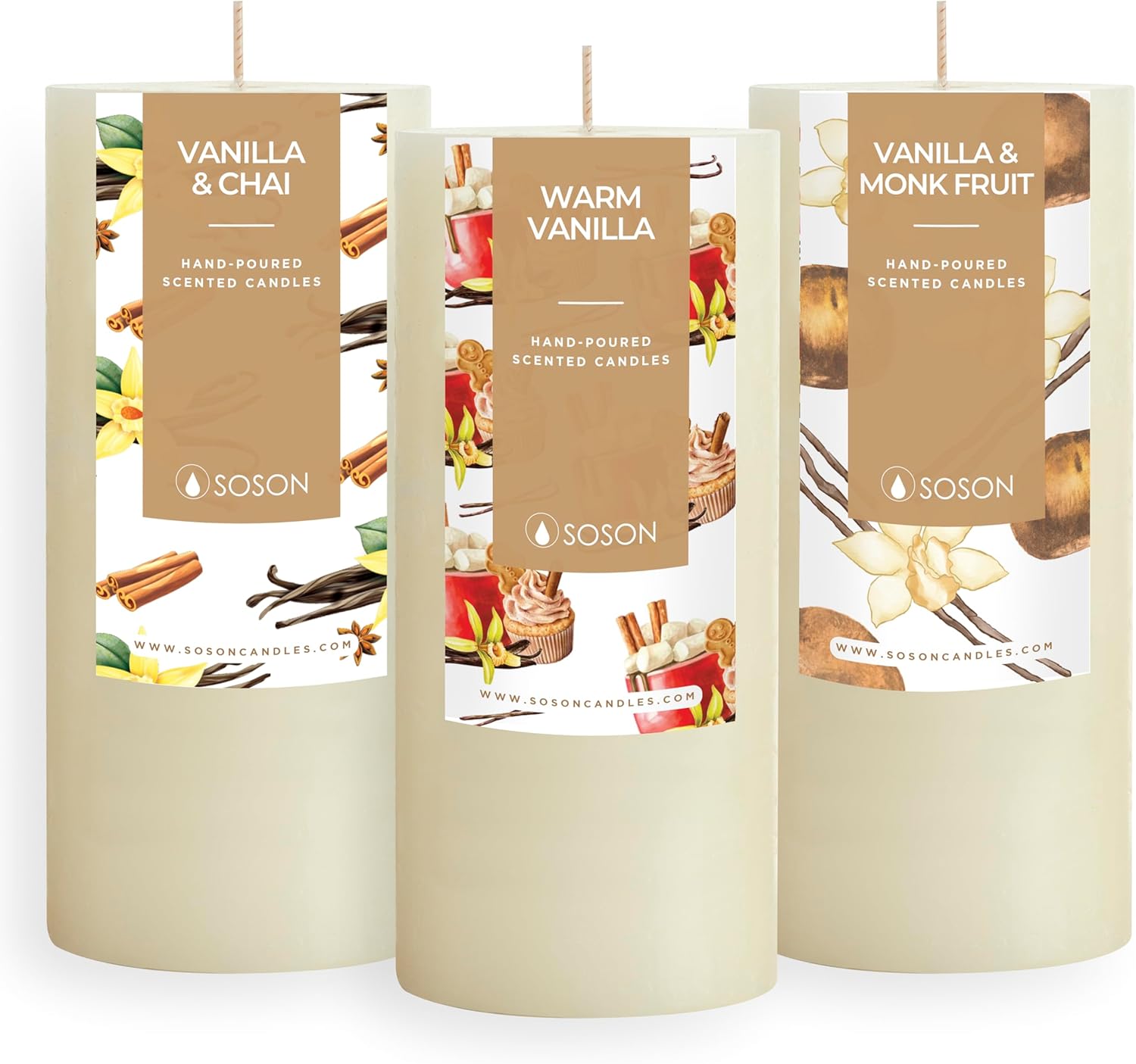Simply Soson Cinnamon Vanilla Sugar Scented Candle Set - 3x6 Ivory Pillar Candles for Home, Aromatherapy, Women, Fall