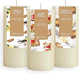 Simply Soson Cinnamon Vanilla Sugar Scented Candle Set - 3x6 Ivory Pillar Candles for Home, Aromatherapy, Women, Fall