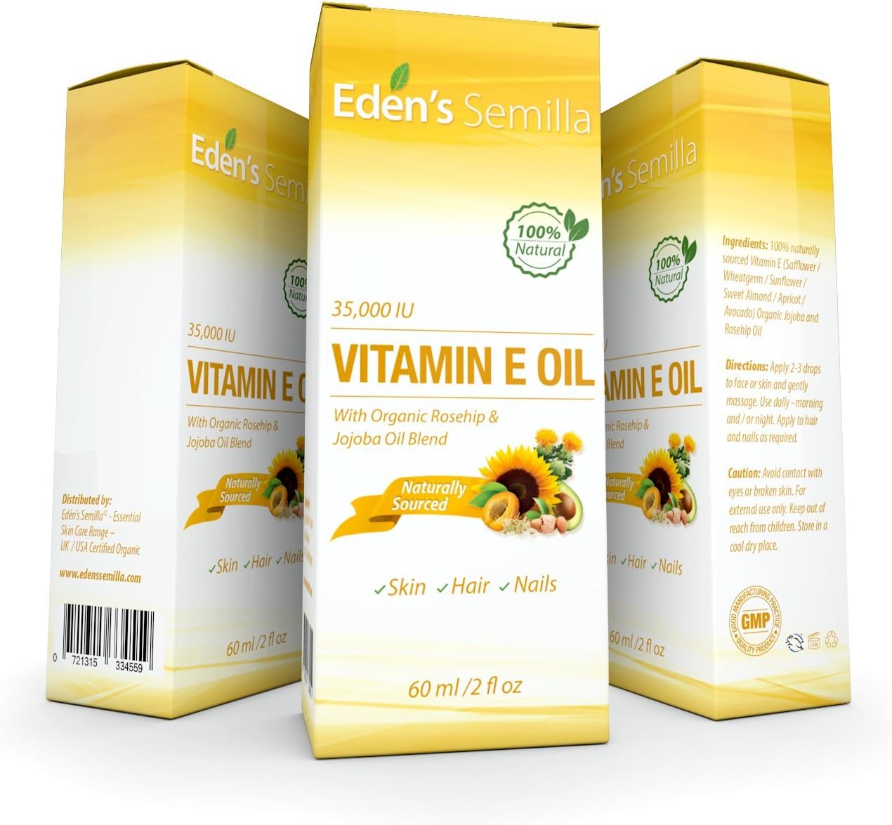 100% Plant Extract Vitamin E Oil 35,000 IU + Organic Rosehip & Jojoba Blend - Fast Absorbing Skin Protection for Face & Body. Pure Ingredients - Ideal for Sensitive Skin - Use Daily