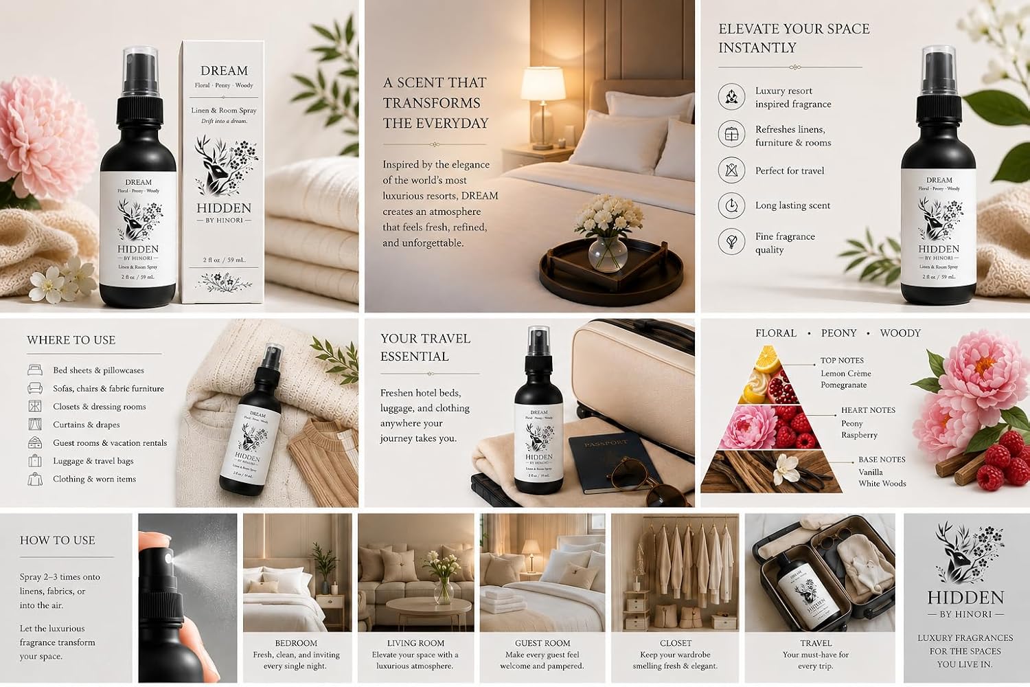 Dream Linen & Room Spray – Floral Peony Woody Fragrance – Fabric, Bedding & Air Freshener Mist – 2 oz