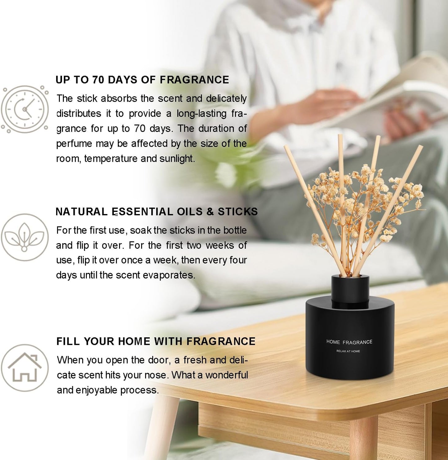 3 Pcsk Reed Diffuser, 4.06 oz(120ml) Linen/Vanilla/Moroccan Amber, Scented Aromatherapy Diffuser with 12 Black Diffuser Sticks, Air Freshener for Home Bedroom Bathroom