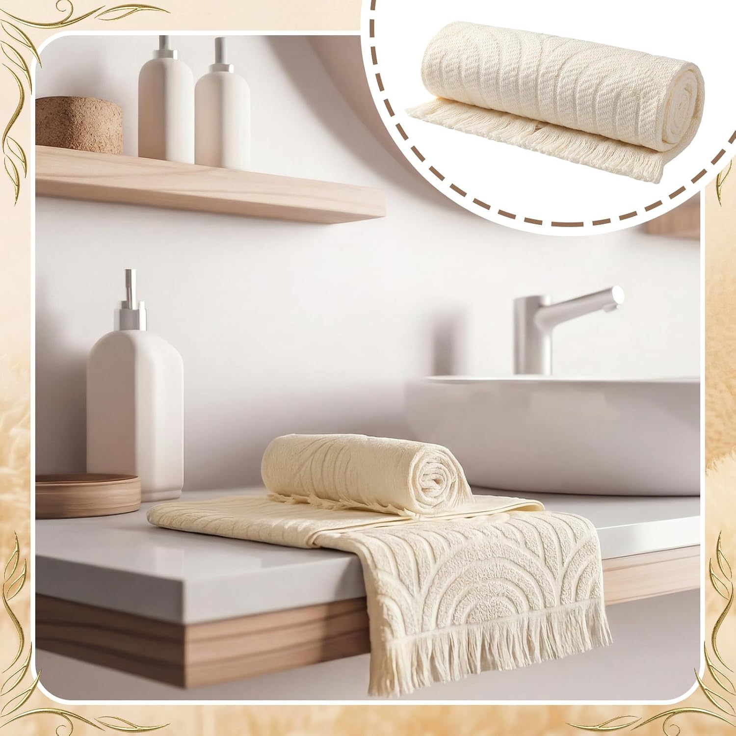 Tingjoo Decorative Hand Towels Bathroom 4 Pack Soft Boho Cotton Turkish Absorbent Face Towel Set for Boho Bathroom Decor Soft Kitchen Hotel Spa Farmhouse Guest Tea Gift(Beige)