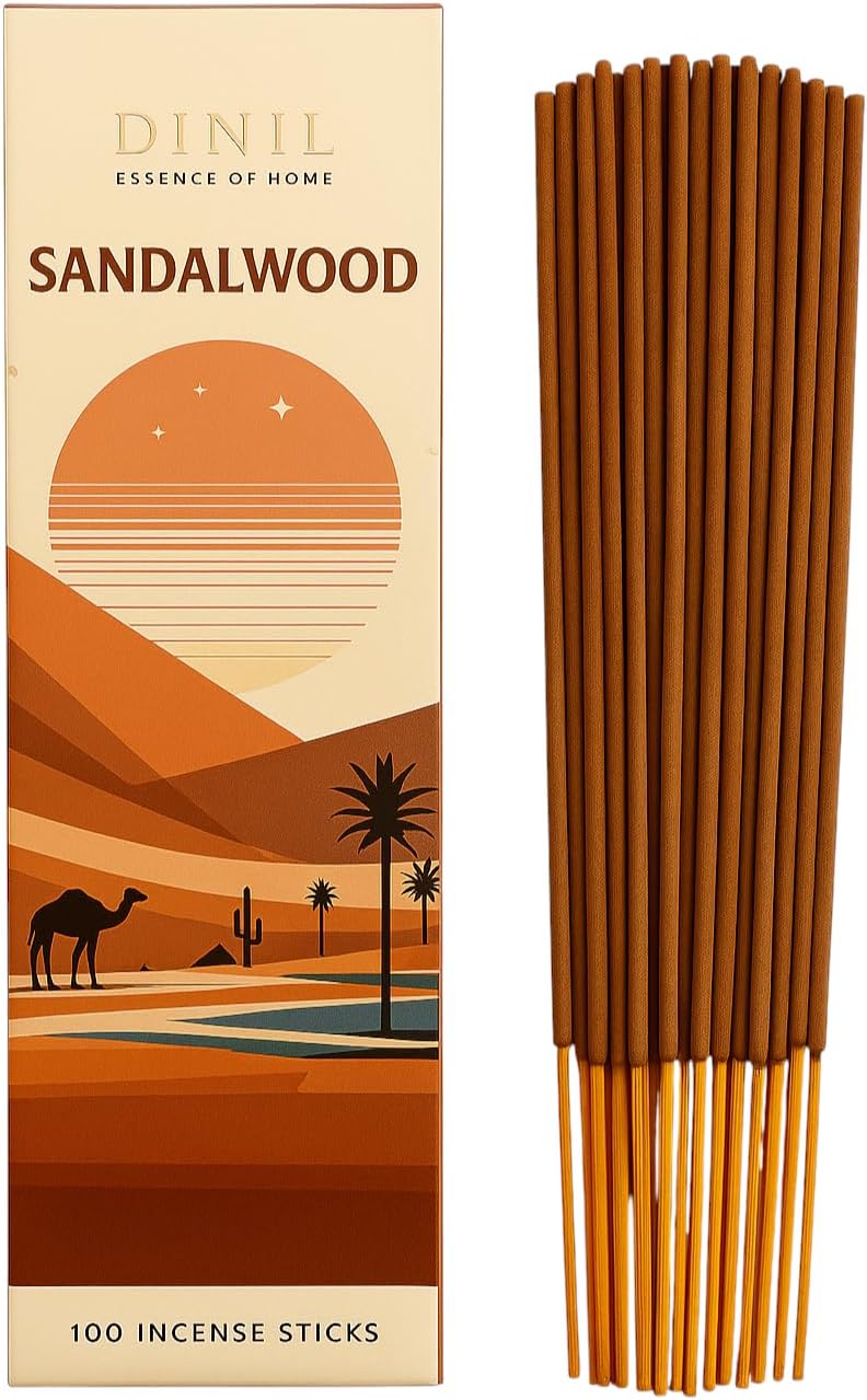 Dinil Sandalwood Incense Sticks – 100 Sticks | Hand-Rolled, Charcoal-Free | Clean Burn, Low Smoke | Aromatic Incense for Meditation, Yoga & Home Fragrance