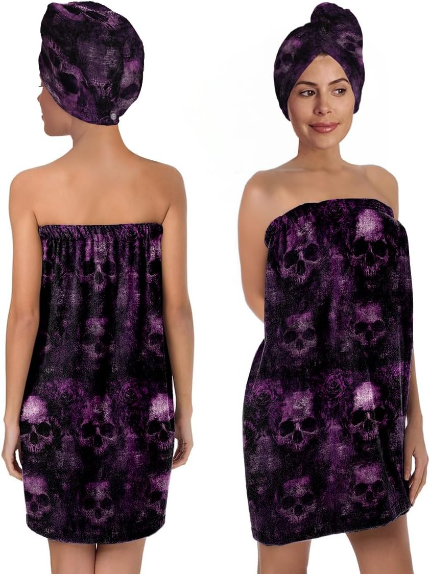 Gothic Skull Print Bath Wrap Set with Hair Turban, Purple and Black, Women's Spa Towel Wrap