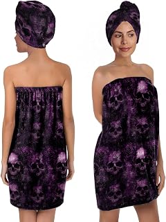 Gothic Skull Print Bath Wrap Set with Hair Turban, Purple and Black, Women's Spa Towel Wrap