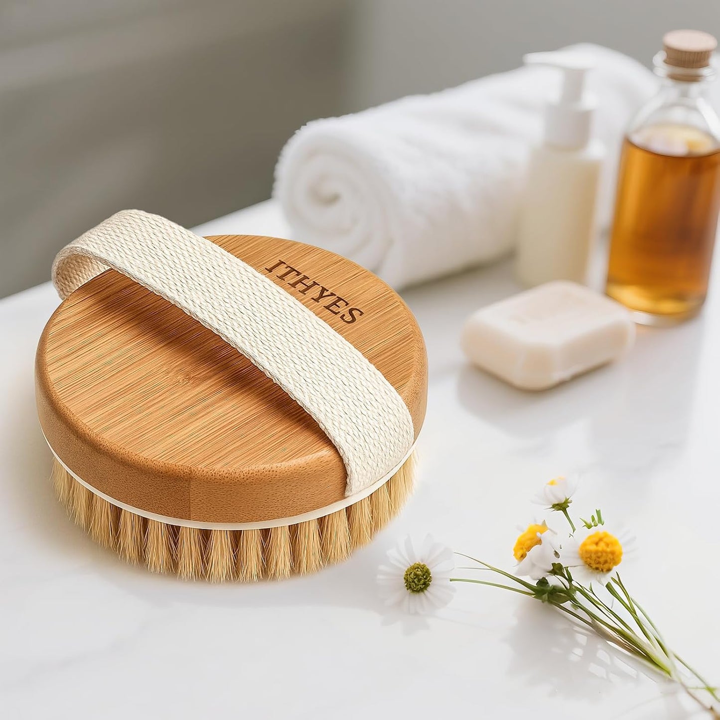 Body Brush Dry Brushing Bath Brush Gentle Skin Exfoliate Massage Scrub 100% Nature Boar Bristles Bamboo Wood Improve Blood Circulation Wet & Dry Smooth Fresh Treatment,with Canvas Bag