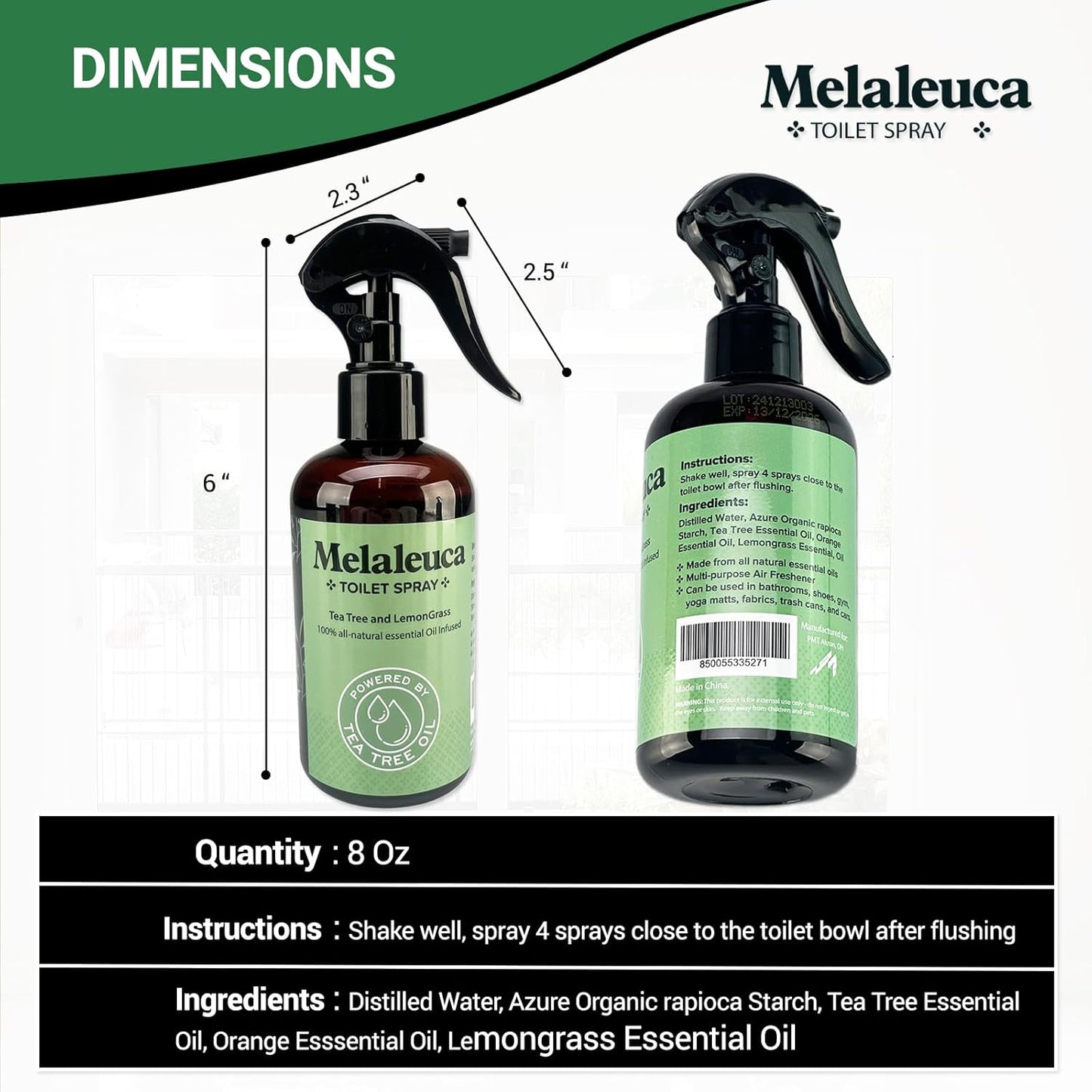 Melaleuca Spray - 100% Natural Tea Tree Oil Toilet Spray – 8 Oz - Natural Bathroom Odor Eliminator & Air Freshener – Pure Tea Tree Essential Oil with Lemongrass – Odor Eater, Paraben Free