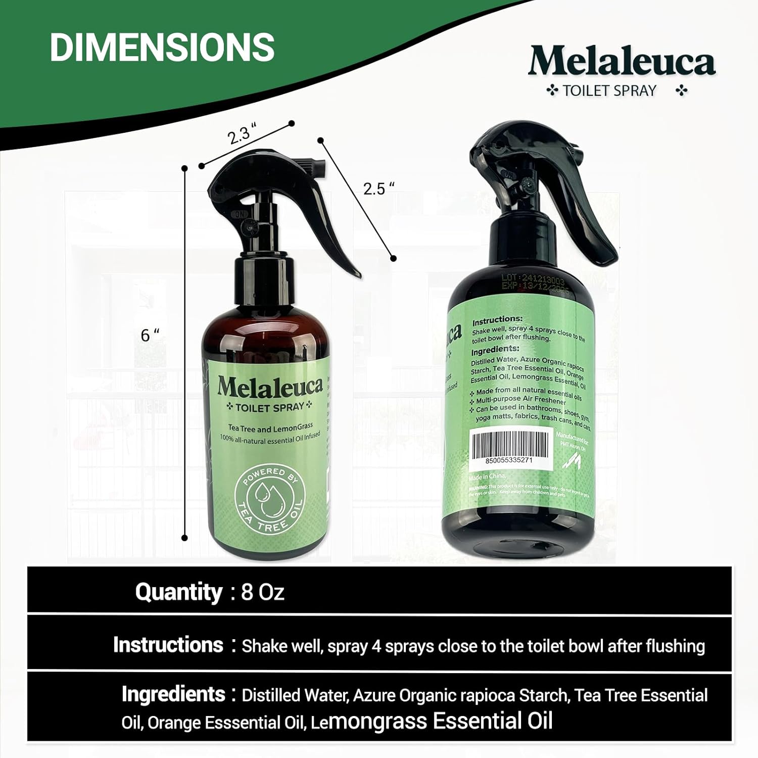 Melaleuca Spray - 100% Natural Tea Tree Oil Toilet Spray – 8 Oz - Natural Bathroom Odor Eliminator & Air Freshener – Pure Tea Tree Essential Oil with Lemongrass – Odor Eater, Paraben Free