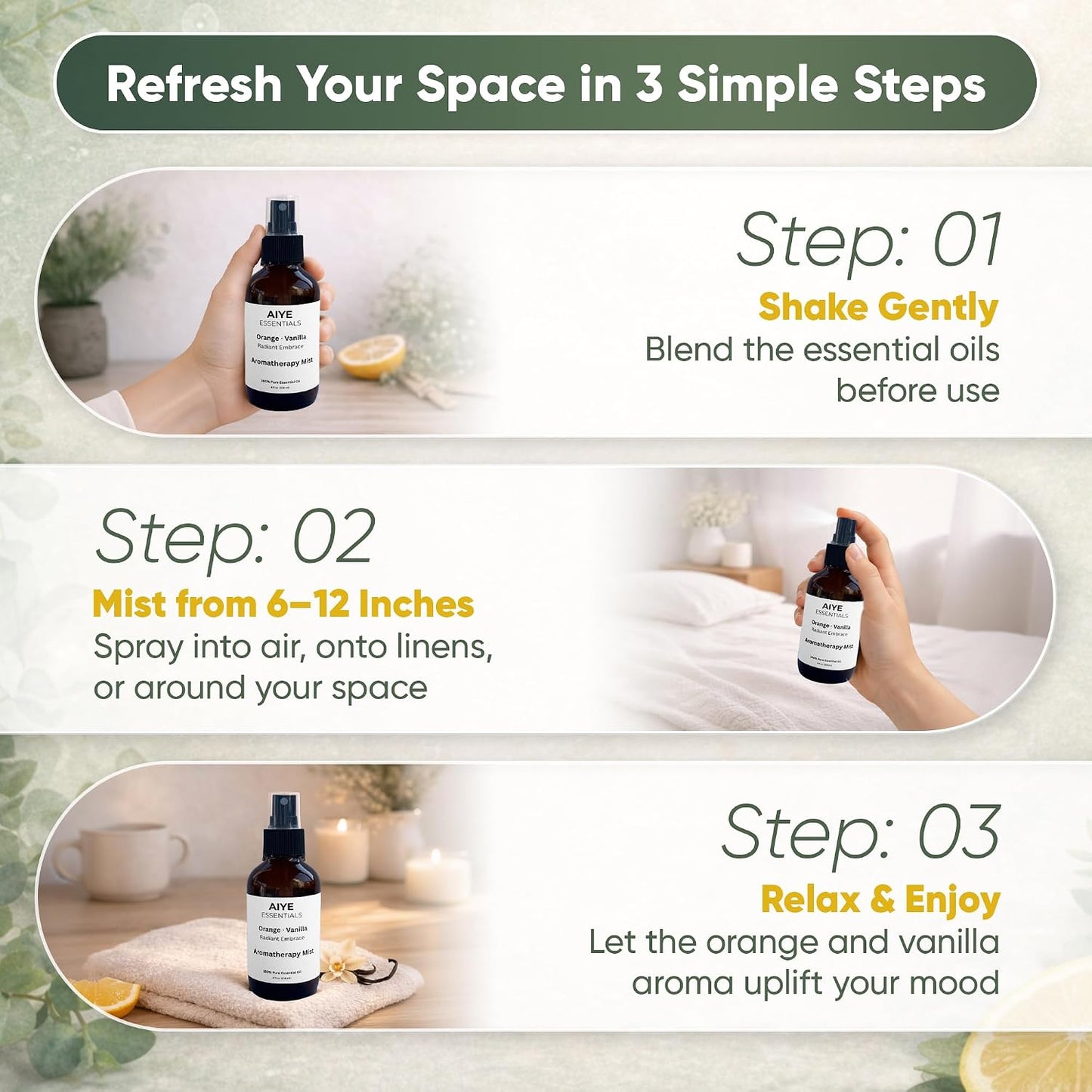 Aiye Essentials Orange Vanilla Aromatherapy Room & Linen Spray, Non‑Toxic Essential Oil Fabric Mist, 4 oz