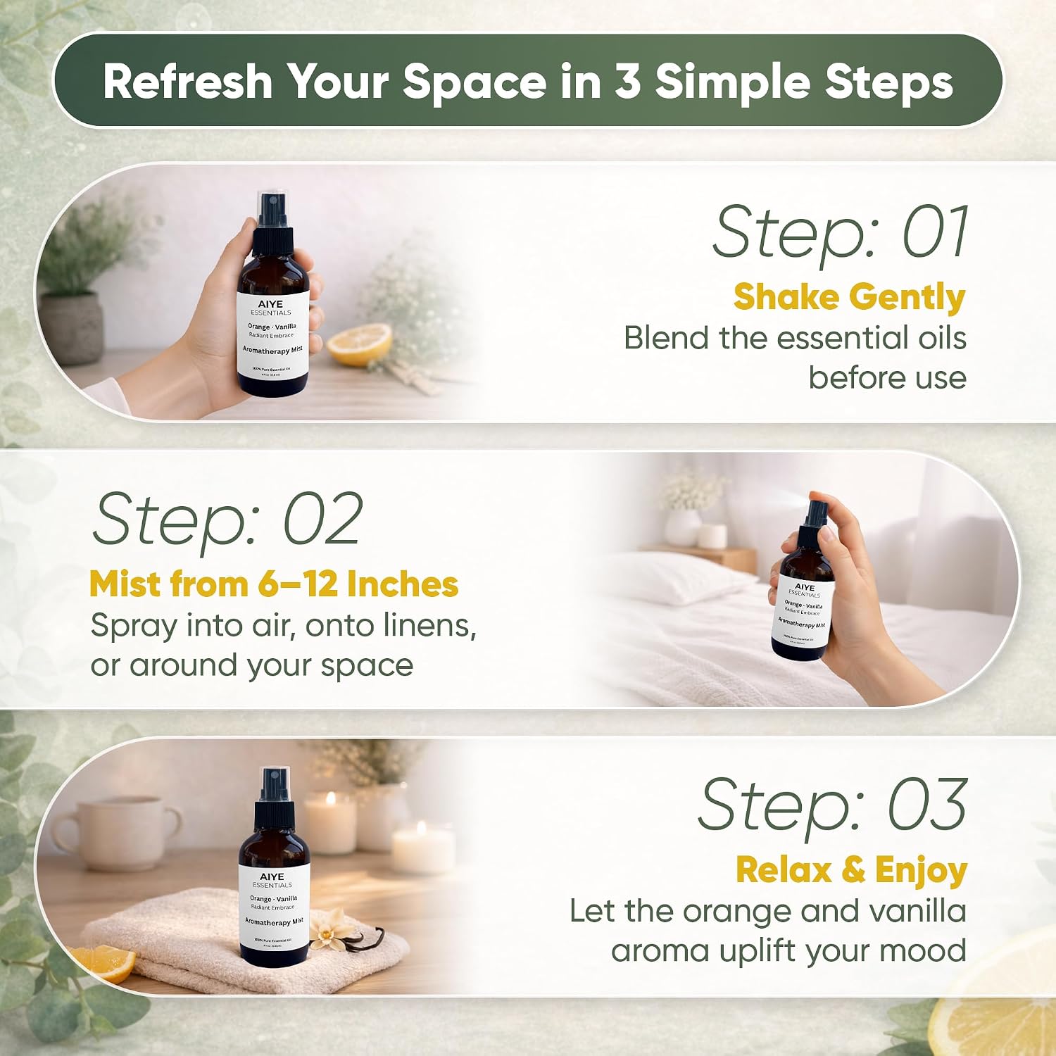 Aiye Essentials Orange Vanilla Aromatherapy Room & Linen Spray, Non‑Toxic Essential Oil Fabric Mist, 4 oz