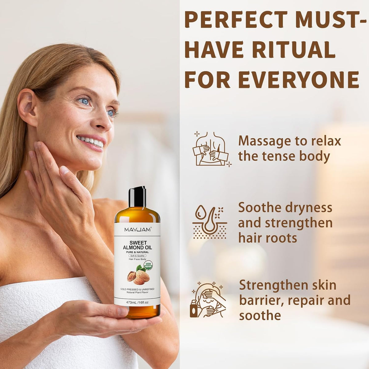 MAYJAM Organic Sweet Almond Oil, for Skin, Face, Hair Moisturizing 16 Oz