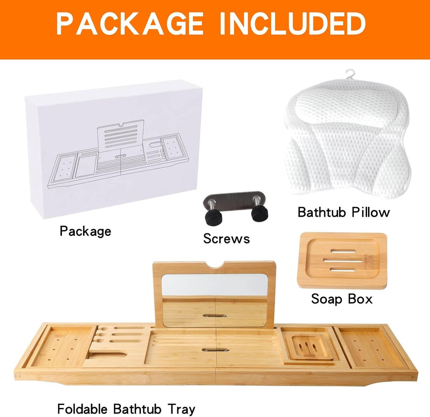 Bathtub Tray Table with Mirror and Bath Pillow, Expandable and Foldable Bamboo Bath Tray for Tub Soft and 4D Mesh Bathtub Pillow Luxury Bath Accessories Spa Gifts