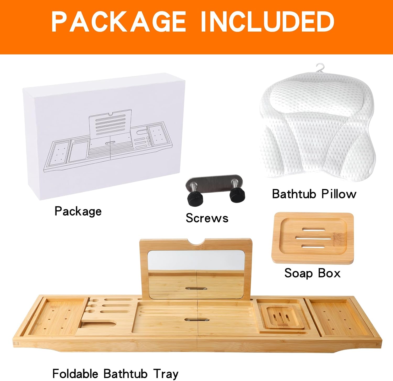 Bathtub Tray Table with Mirror and Bath Pillow, Expandable and Foldable Bamboo Bath Tray for Tub Soft and 4D Mesh Bathtub Pillow Luxury Bath Accessories Spa Gifts