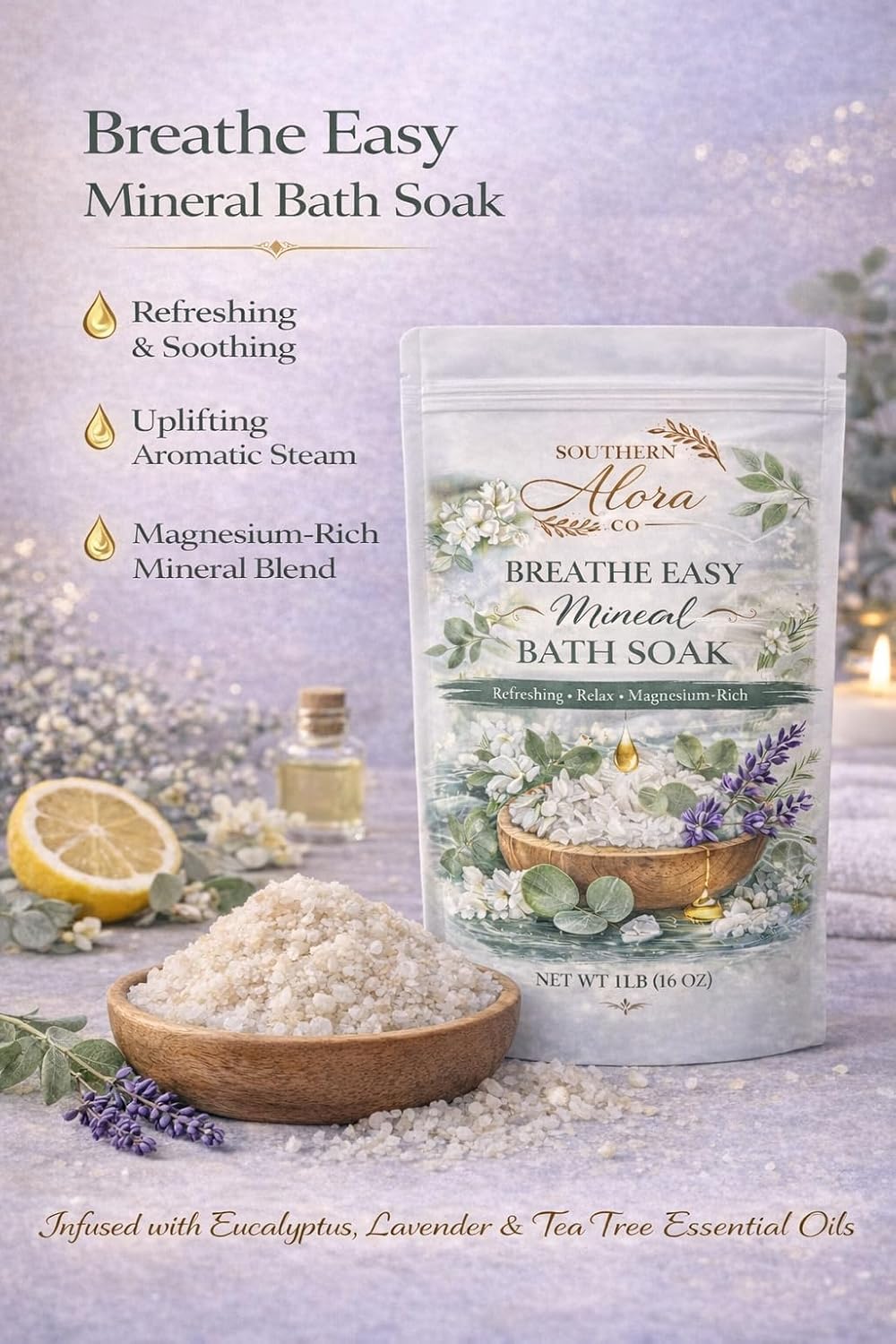 Southern Alora Bath Salts for Women Relaxing – Epsom Salt Bath Soak with Magnesium & Dead Sea Minerals, Aromatherapy Bath Soak for Stress Relief & Muscle Recovery, Breathe Easy Scent