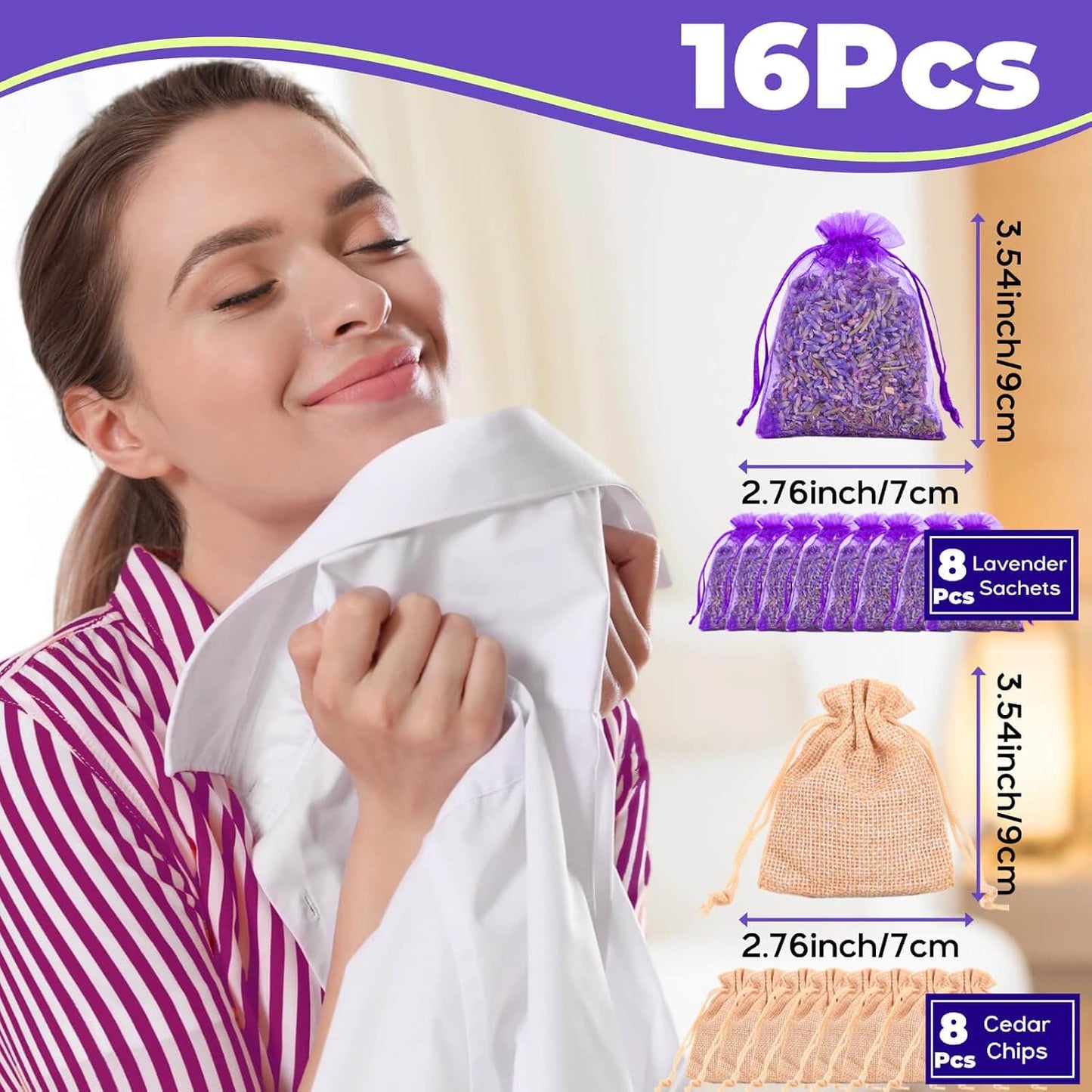 16 Pack Lavender Sachet Bags & Cedar Chips Set - 100% Natural Premium Dried Lavenders Flowers, Cedar Home Fragrance Sachets, Lavenders Sachets for Drawers, Closets, Storage