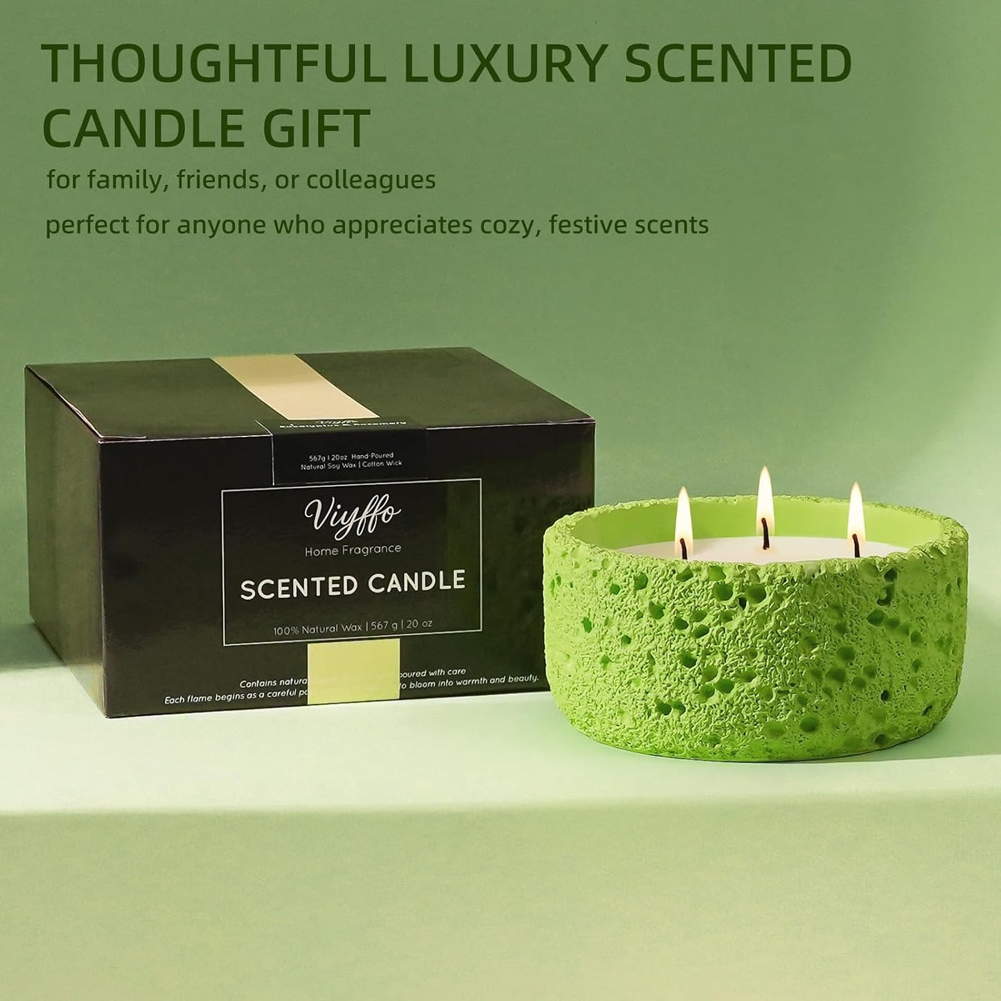 Viyffo 20oz Large Scented Candle - Sage & Bergamot, 3 Wick Non Toxic Soy Candles for Women & Men, Matte Green Ceramic Jar, Luxury Home Fragrance, Elegant Room Decor & Premium Gift