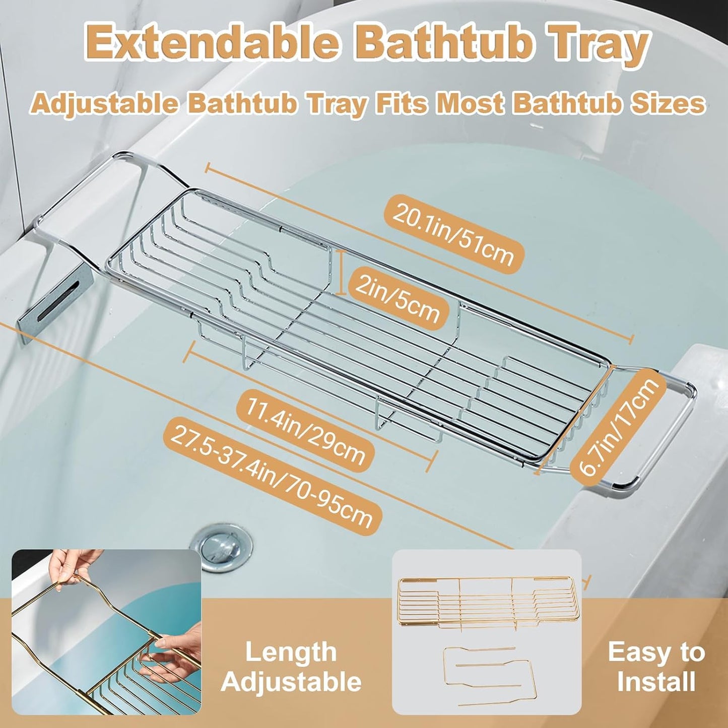 Stainless Steel Bathtub Caddy Tray, Expandable Bath Tub Table, Adjustable Bathroom Tray, Bath Organizer Tub Shelf,Silver,26.8~35.4in