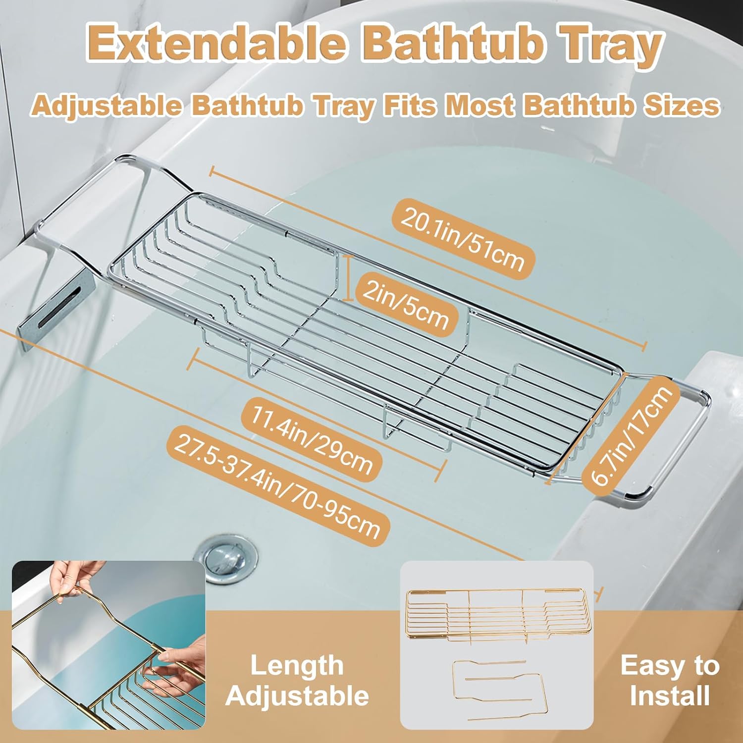Stainless Steel Bathtub Caddy Tray, Expandable Bath Tub Table, Adjustable Bathroom Tray, Bath Organizer Tub Shelf,Silver,26.8~35.4in