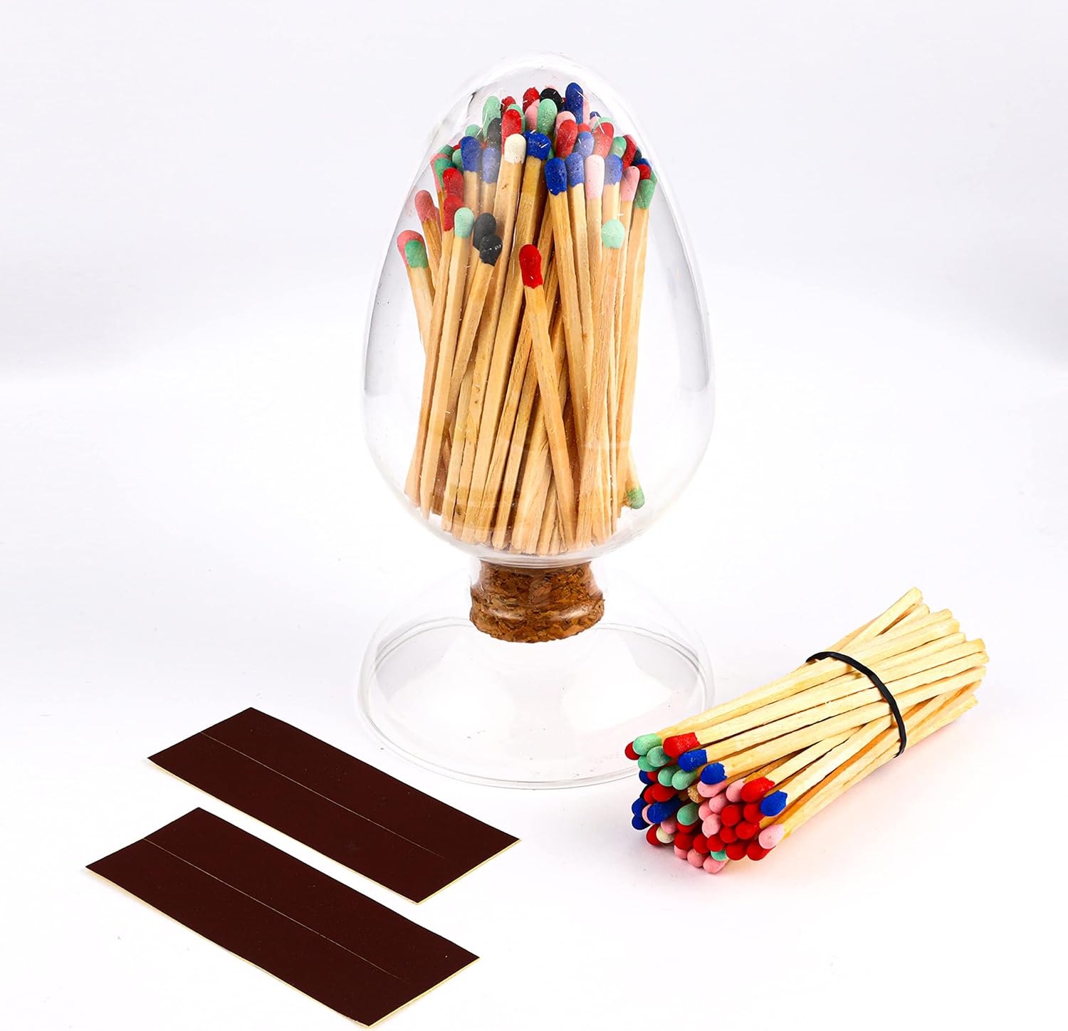 100Pcs 3'' Rainbow Matches in a Jar with Striker, Glass Match Holder with Striker, Glass Match Cloche with Striker, Match Striker Jar with Long Wood Safety Matches, Includes 3 Free Striker Strips