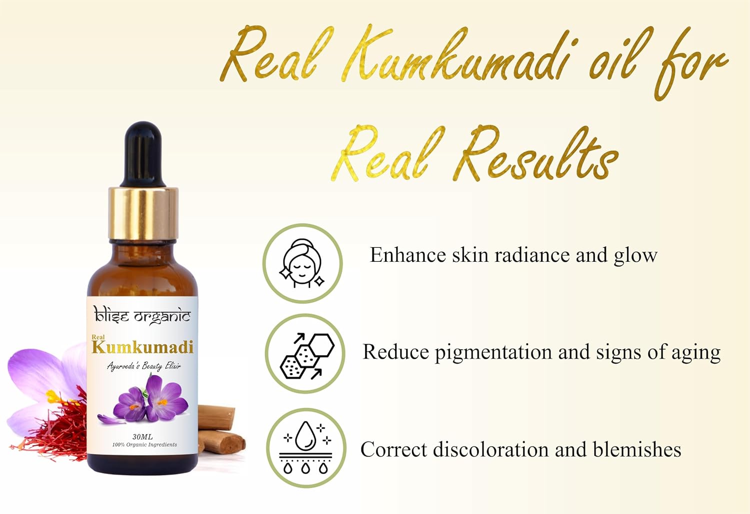 Blise organic Real Kumkumadi oil - 100% Pure and Natural, Chemical Free, Serum Face Oil, Made with Potent and Rare 30 wild Herbs, Enriched with Saffron and sandalwood and, Non GMO