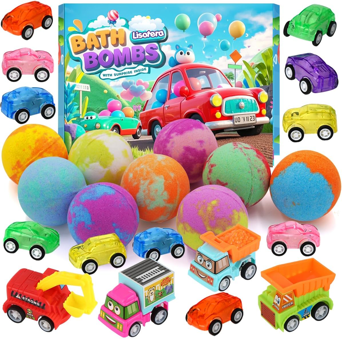 Bath Bombs for Kids with Toys Inside, Kids Bath Bombs for Boys Girls, 9-Piece Bathbombs Set Includes 9 Pull-Back Cars and 3 Vehicles, Halloween Christmas Birthday Gift Set for Children