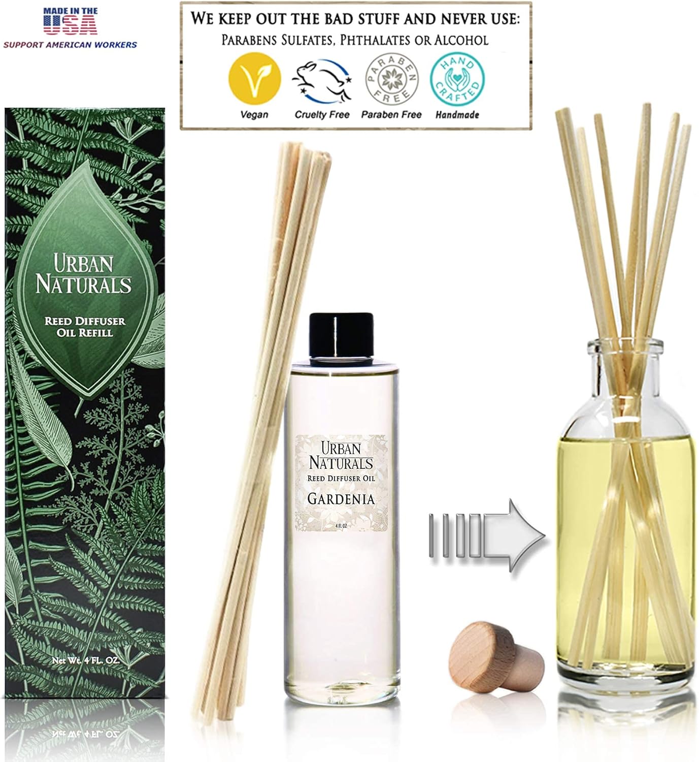 Urban Naturals Gardenia Scented Oil Reed Diffuser Refill | Includes a Free Set of Reed Sticks! Jasmine, Ylang Ylang, Tuberose & Amber Notes | 4 oz